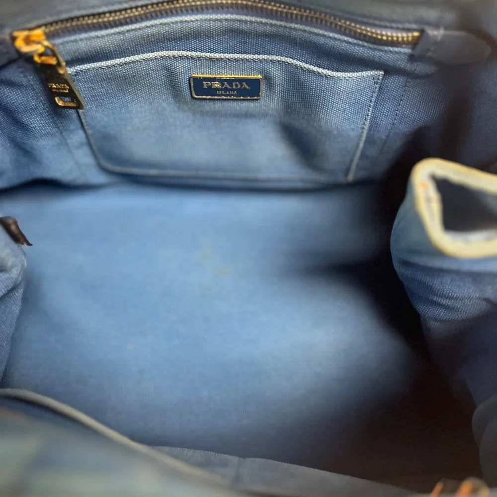Prada Canapa Blue Denim Canvas Tote Bag Distressed Jeans - Picture 10 of 11